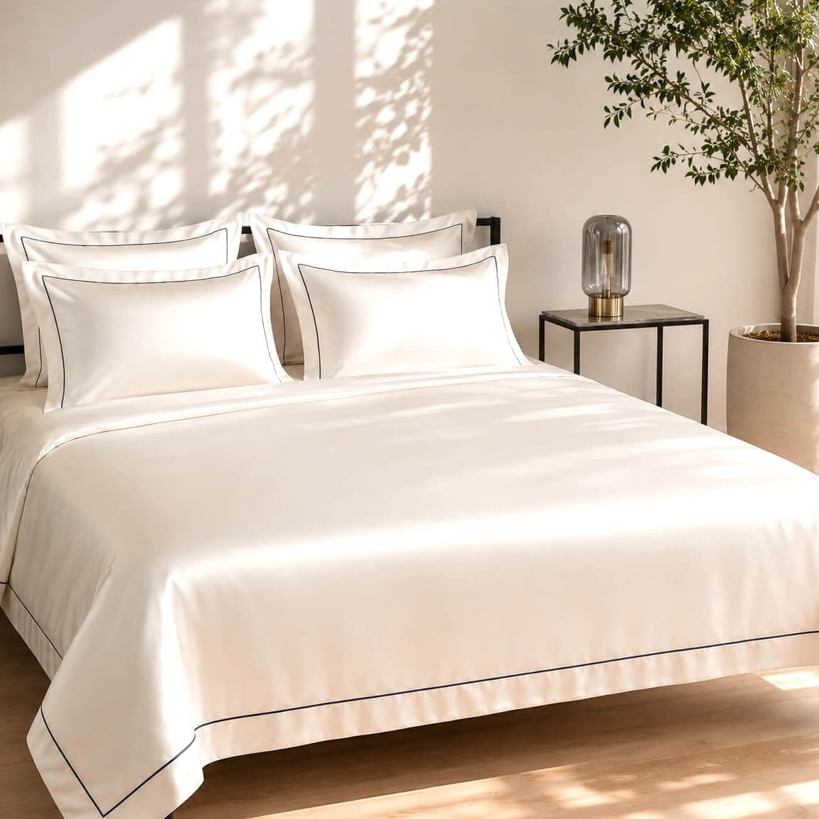 Zijden beddengoedset Elegance met blauwe bies - 22 momme